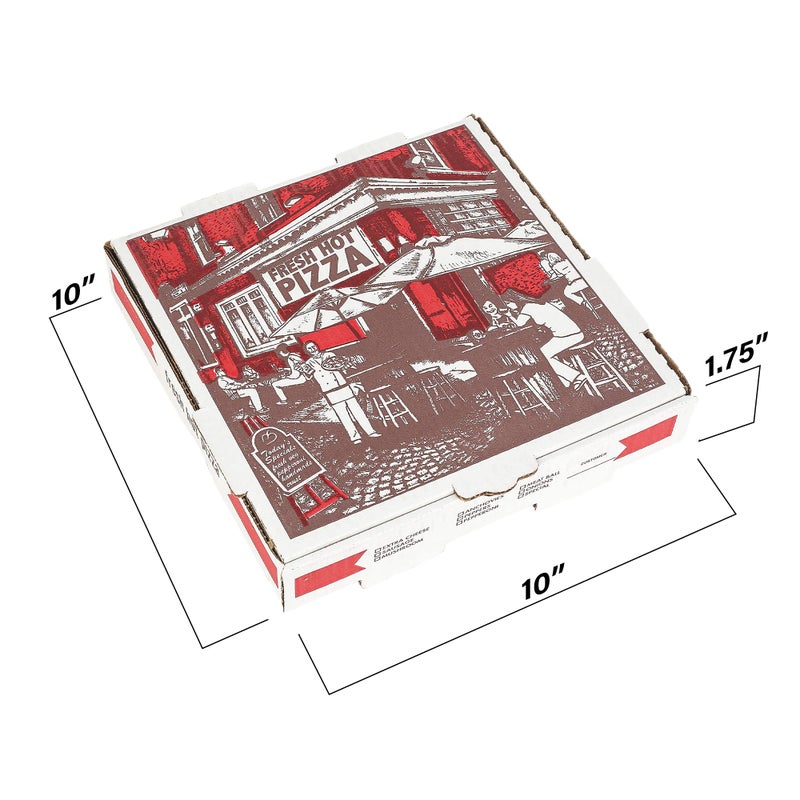 MT Products White-Red Cardboard Pizza Boxes 10" x 10" x 1.75" - Depth B-Flute Corrugated Pizza Box - Pack of 10 - Image 2